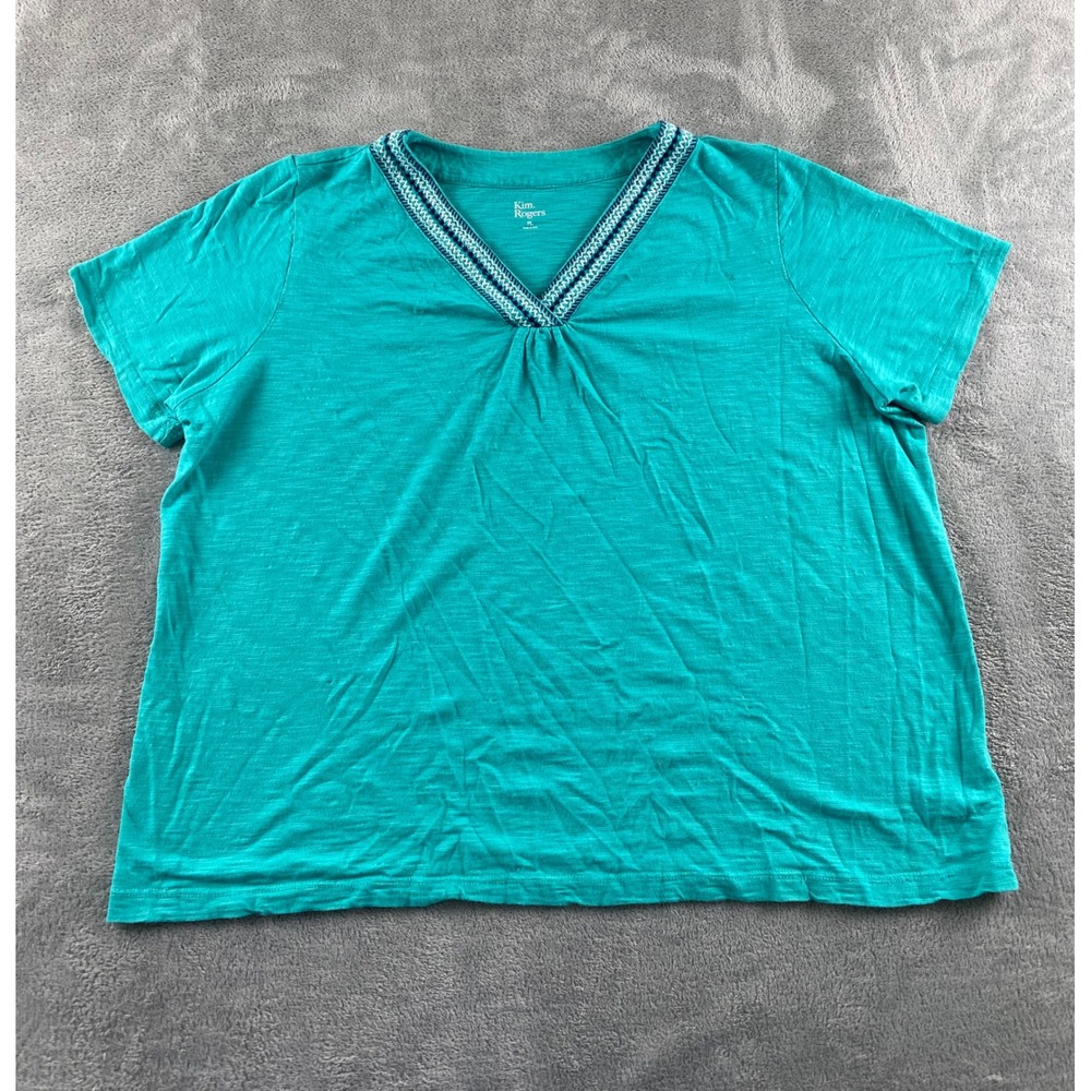 Kim Rogers Womens PL Petite Large Teal Embroidered V-Neck Slub Short Sleeve Top